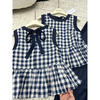 Sét áo babydoll sát nách ker caro buộc nơ lưng + quần xuông bò giấy #83696
