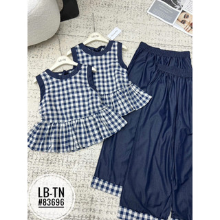 Sét áo babydoll sát nách ker caro buộc nơ lưng + quần xuông bò giấy #83696