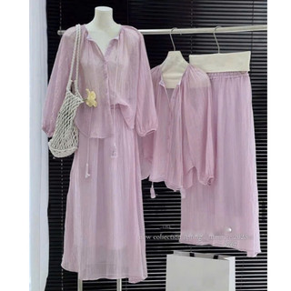 Set váy thời trang nữ nàng thơ chất Tơ cổ chữ V tay dài phồng phối váy dài maxi dáng xòe phù hợp để đi chơi chụp hình
