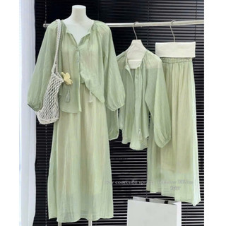 Set váy thời trang nữ nàng thơ chất Tơ cổ chữ V tay dài phồng phối váy dài maxi dáng xòe phù hợp để đi chơi chụp hình