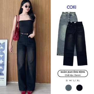 Quần jean Nữ suông trơn ống rộng màu đen xám lưng Cao