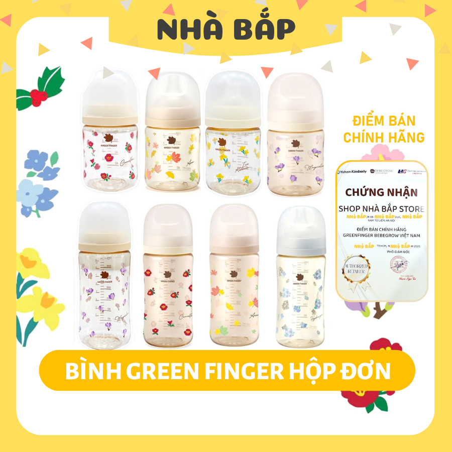 Bình sữa Green Finger hộp đơn tem phụ, núm ti 2 van thoát khí chính ...