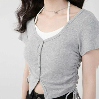Áo croptop rút dây phối yếm hồng đen xám chất thun tăm VANISA CT070