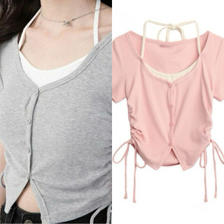 Áo croptop rút dây phối yếm hồng đen xám chất thun tăm VANISA CT070