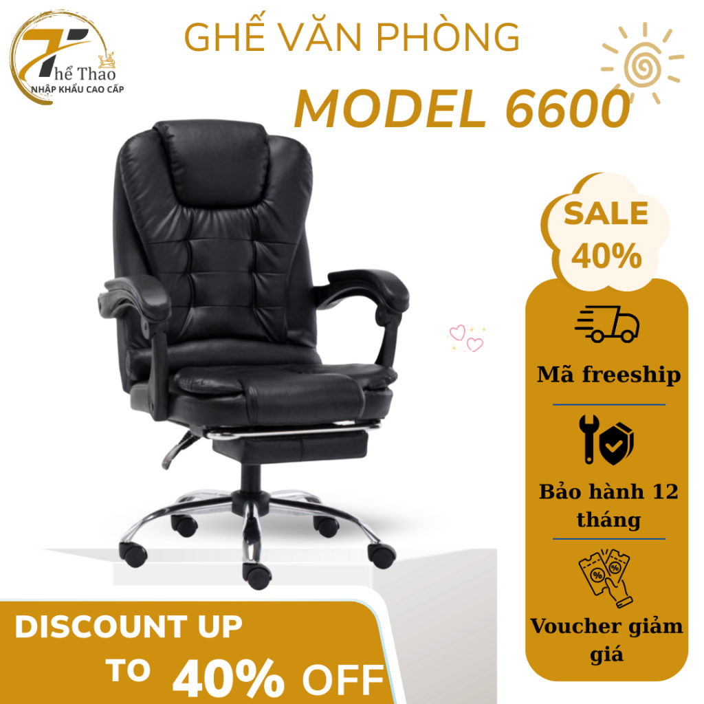 Ghế Giám Đốc Massage Model 6600 – Chân Xoay, Có Gác Chân, Bảo Hành 2 Năm