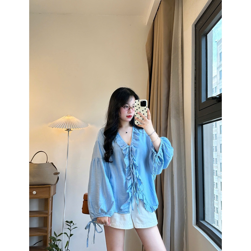 Áo  Sơ Mi Tơ Xước Tay Dài Bèo Nhún Phong Cách Hàn Quốc Thanh Lịch, Nữ Tính JOOLATE 1211_P0k16