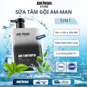Sữa Tắm Gội Nam 5in1 AM-MAN 365ml Hương Nước Hoa Cao Cấp,Làm Sạch Bụi Bẩn,Ngăn Ngừa Mụn Lưng,3 Chức Năng Tắm,Gội,Rửa Mặt