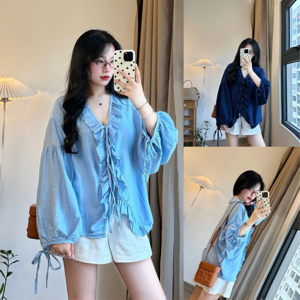 Áo  Sơ Mi Tơ Xước Tay Dài Bèo Nhún Phong Cách Hàn Quốc Thanh Lịch, Nữ Tính JOOLATE 1211_P0k16