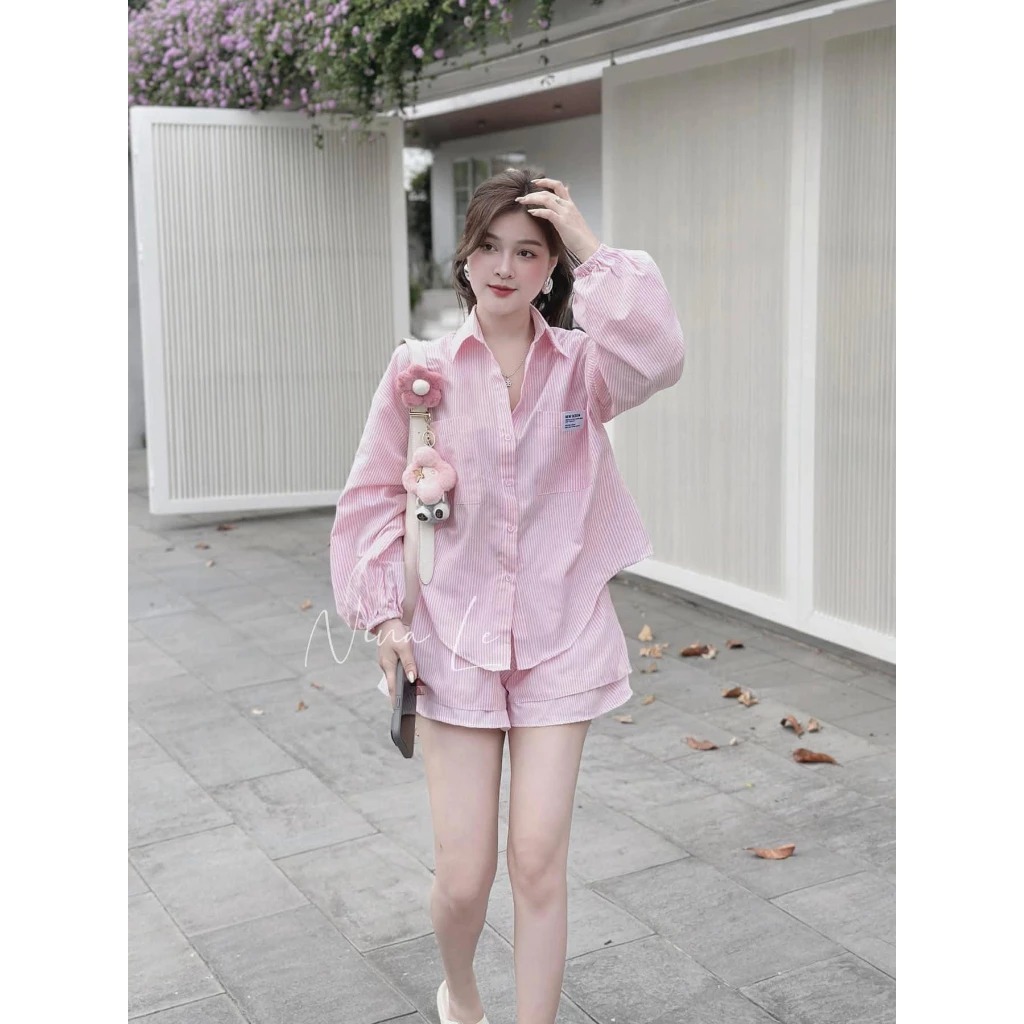 Set đồ nữ cao cấp áo sơ mi dài tay phối quần short lưng cao kẻ sọc, bộ hè nữ phong cách trẻ trung màu hồng HCOM25379