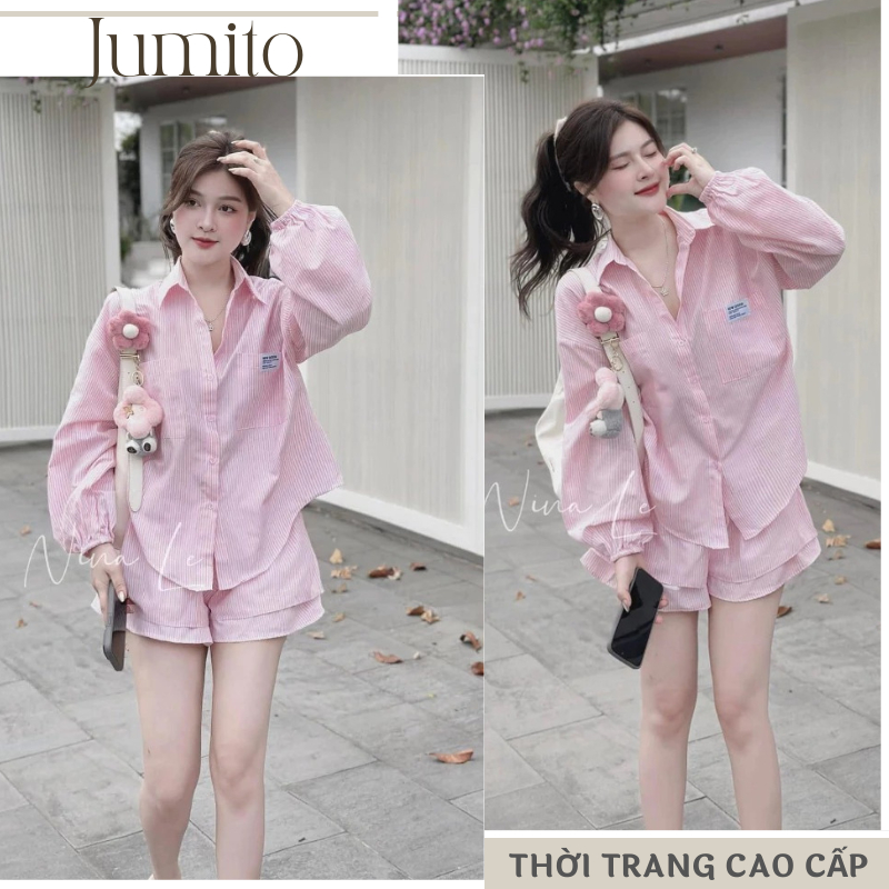 Set đồ nữ cao cấp áo sơ mi dài tay phối quần short lưng cao kẻ sọc, bộ hè nữ phong cách trẻ trung màu hồng HCOM25379