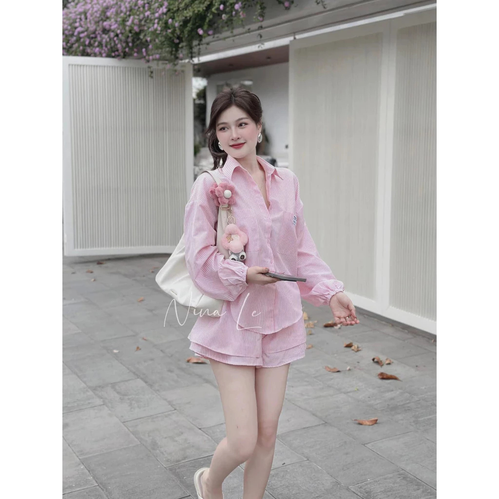 Set đồ nữ cao cấp áo sơ mi dài tay phối quần short lưng cao kẻ sọc, bộ hè nữ phong cách trẻ trung màu hồng HCOM25379