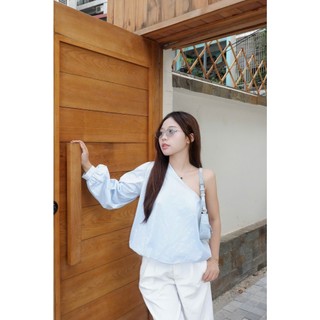 Áo Sơ Mi Lệch Vai Tay Bồng Gấu Bí 247store Hot Trend Mùa Hè 3 Màu Xanh Vàng Trắng Aolechvai4430