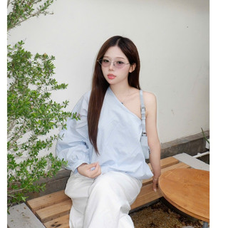 Áo Sơ Mi Lệch Vai Tay Bồng Gấu Bí 247store Hot Trend Mùa Hè 3 Màu Xanh Vàng Trắng Aolechvai4430