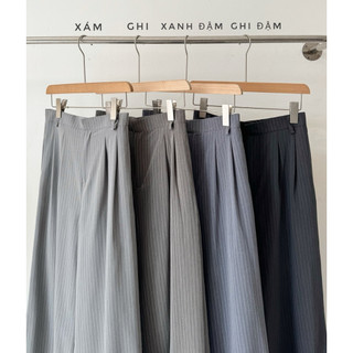 Quần tây kẻ denim dáng suông ống rộng Ma Vie