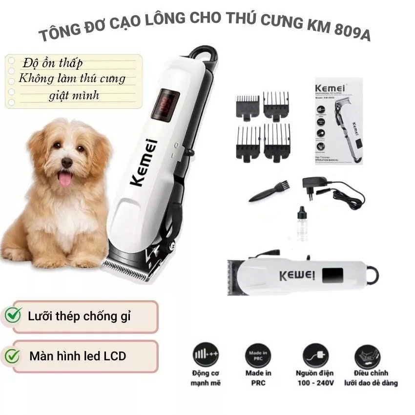 Tông Đơ Cắt Tỉa Lông Chó Mèo KM-809A, Máy Cạo Lông Chó Tiếng Ồn Thấp, Bộ Phụ Kiện Chăm Sóc Thú Cưng