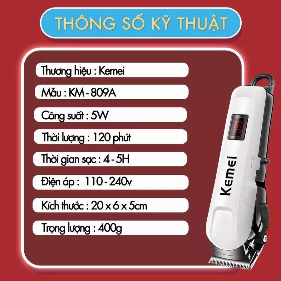 Tông Đơ Cắt Tỉa Lông Chó Mèo KM-809A, Máy Cạo Lông Chó Tiếng Ồn Thấp, Bộ Phụ Kiện Chăm Sóc Thú Cưng