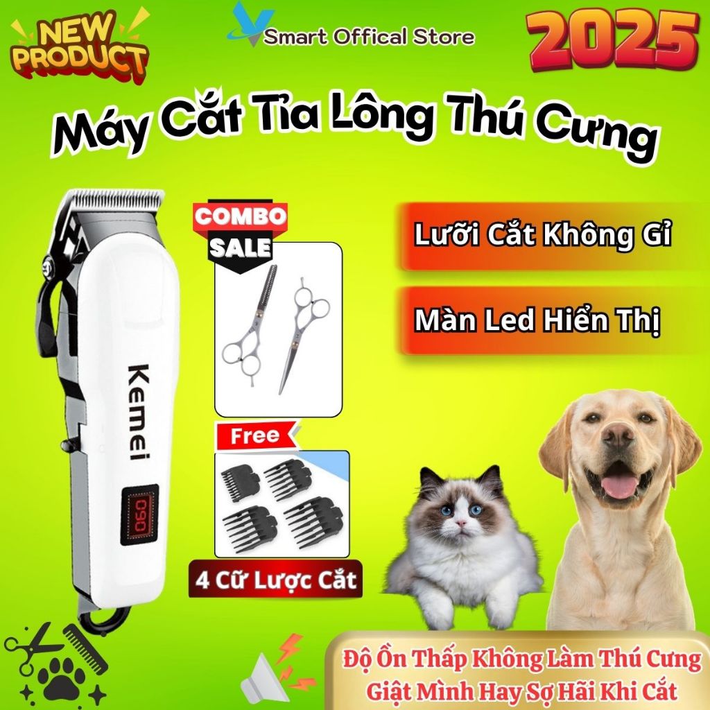 Tông Đơ Cắt Tỉa Lông Chó Mèo KM-809A, Máy Cạo Lông Chó Tiếng Ồn Thấp, Bộ Phụ Kiện Chăm Sóc Thú Cưng