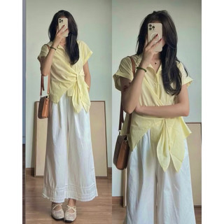 Áo sơ mi tay ngắn cổ đức phối nơ to thắt eo basic, dễ phối đồ NAQ026
