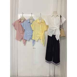 Áo sơ mi tay ngắn cổ đức phối nơ to thắt eo basic, dễ phối đồ NAQ026