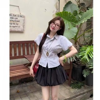 Áo Sơ Mi Nữ Ngắn Tay Bồng Cổ Đức Chiết Eo Dáng Lửng Chất Thô Kẻ Mềm Mát, Sơ Mi Nữ Kẻ Kiểu Hàn Quốc NAQ025