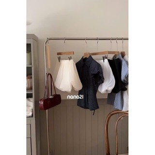 Áo Sơ Mi Nữ Ngắn Tay Bồng Cổ Đức Chiết Eo Dáng Lửng Chất Thô Kẻ Mềm Mát, Sơ Mi Nữ Kẻ Kiểu Hàn Quốc NAQ025