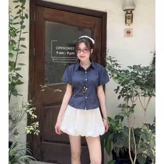 Áo Sơ Mi Nữ Ngắn Tay Bồng Cổ Đức Chiết Eo Dáng Lửng Chất Thô Kẻ Mềm Mát, Sơ Mi Nữ Kẻ Kiểu Hàn Quốc NAQ025