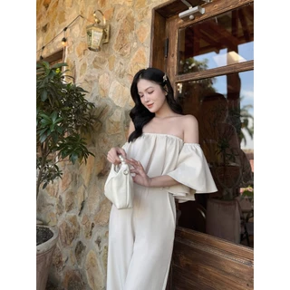 Set áo trễ vai nhún bèo và quần culottes ống rộng kem Maybi