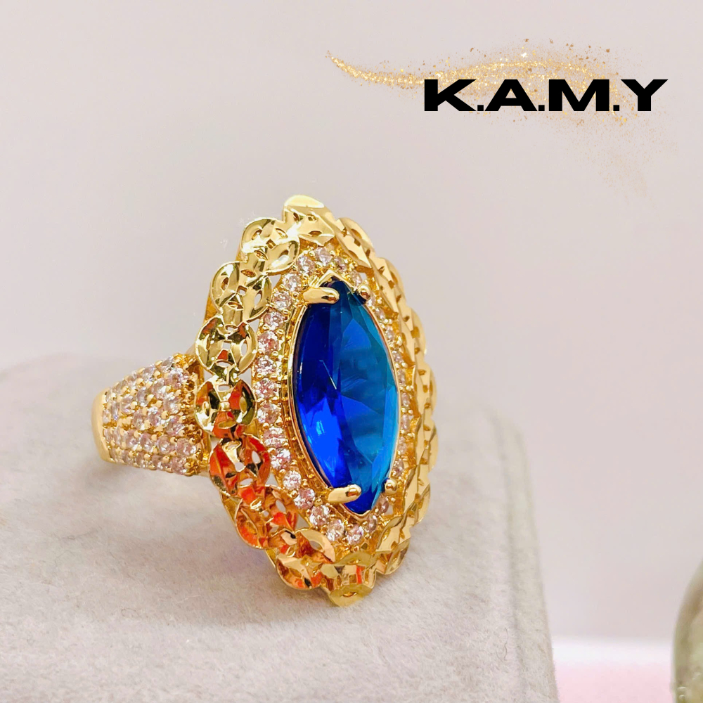 Nhẫn nữ đá xanh lam phối viền ánh kim – Kiểu dáng nổi bật – Trang sức thời trang KAMY