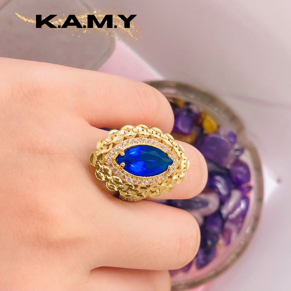 Nhẫn nữ đá xanh lam phối viền ánh kim – Kiểu dáng nổi bật – Trang sức thời trang KAMY