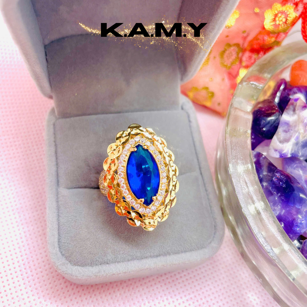 Nhẫn nữ đá xanh lam phối viền ánh kim – Kiểu dáng nổi bật – Trang sức thời trang KAMY