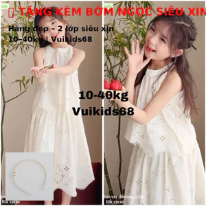 💯Hè 2026💯Set Đầm trắng thêu đục lỗ tiểu thư cổ yếm phong cách Hàn Quốc, hàng cao cấp cho bé gái 10-40kg Angle