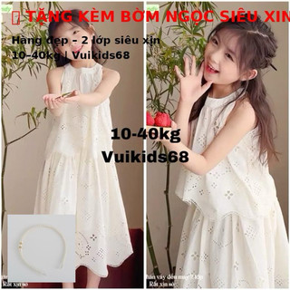 💯Hè 2026💯Set Đầm trắng thêu đục lỗ tiểu thư cổ yếm phong cách Hàn Quốc, hàng cao cấp cho bé gái 10-40kg Angle