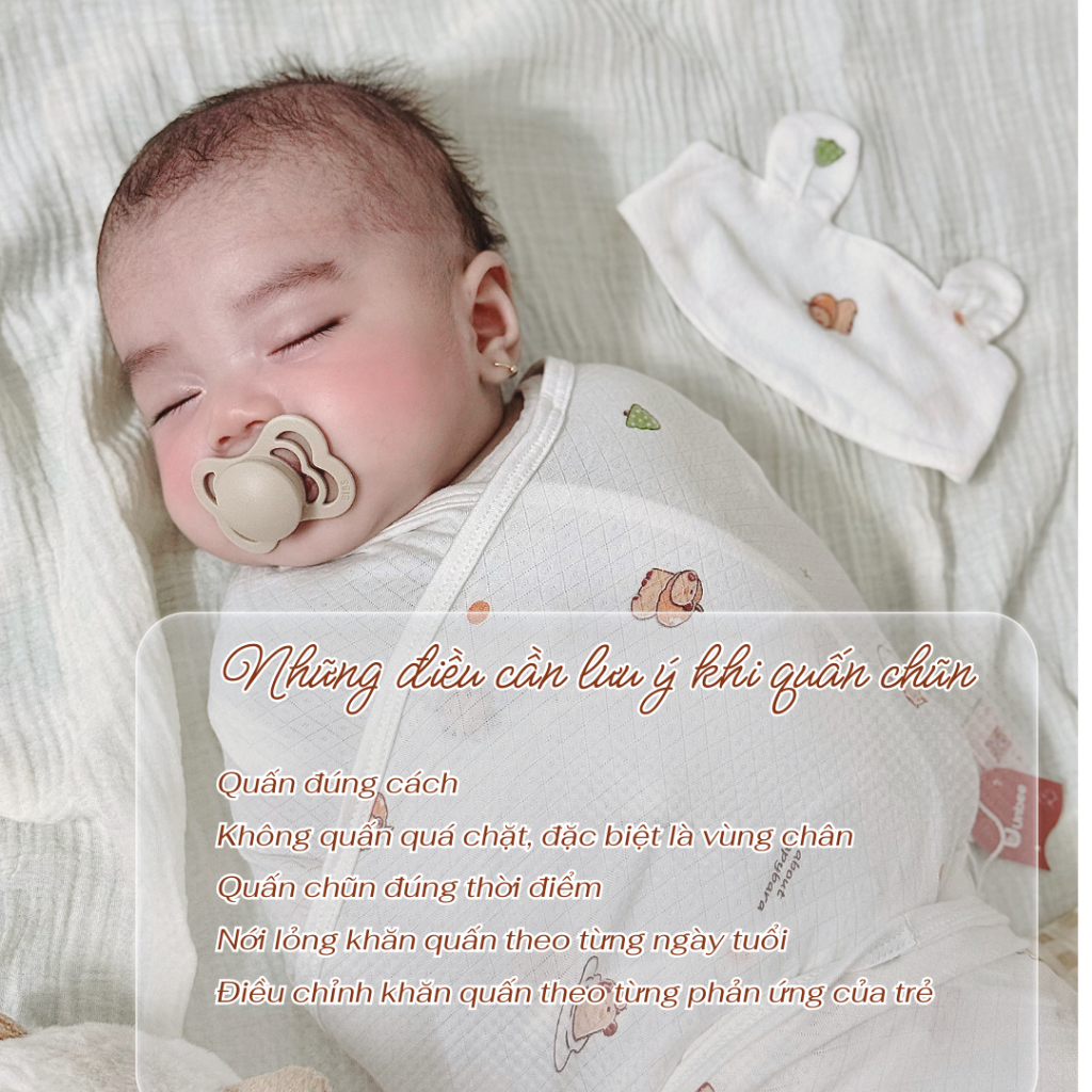 Quấn chũn Unbee kèm che thóp hình gấu cute 100% petit co giãn 4 chiều thấm hút mồ hôi 175*70cm