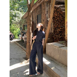 M.H STYLE ORDER Bộ đồ cổ điển Hàn Quốc của phụ nữ mùa hè 2025 nơ mới ren-up ve áo denim áo sơ mi ngắn tay