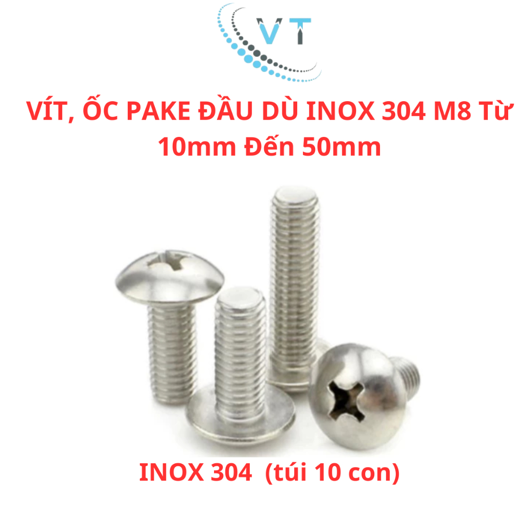 VÍT, ỐC PAKE ĐẦU DÙ INOX 304 M8 – DÀI TỪ 10MM ĐẾN 50MM (10con)