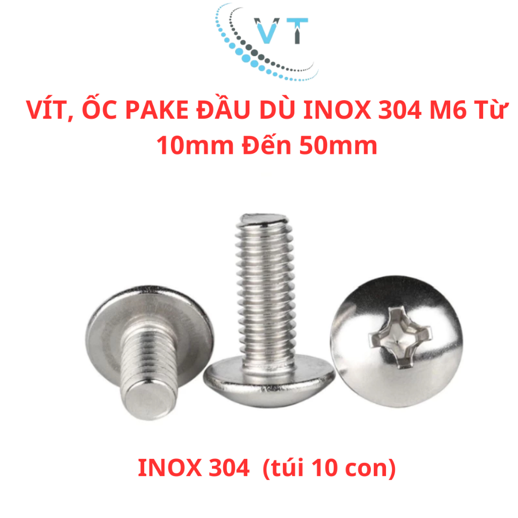 VÍT, ỐC PAKE ĐẦU DÙ INOX 304 M6 – DÀI TỪ 10MM ĐẾN 60MM (10con)