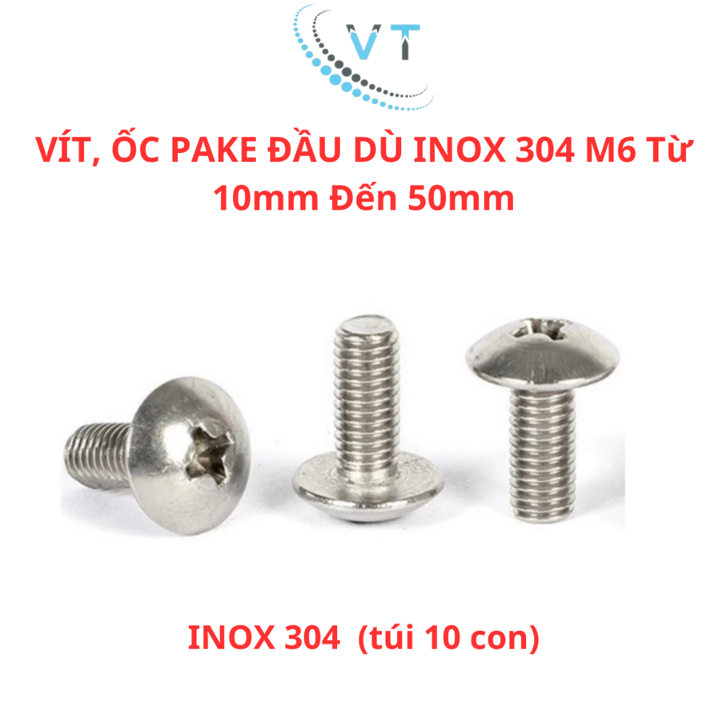VÍT, ỐC PAKE ĐẦU DÙ INOX 304 M6 – DÀI TỪ 10MM ĐẾN 60MM (10con)