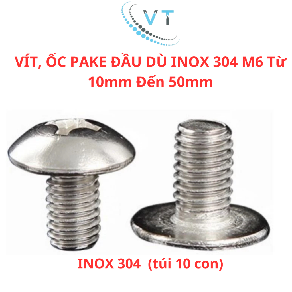 VÍT, ỐC PAKE ĐẦU DÙ INOX 304 M6 – DÀI TỪ 10MM ĐẾN 60MM (10con)