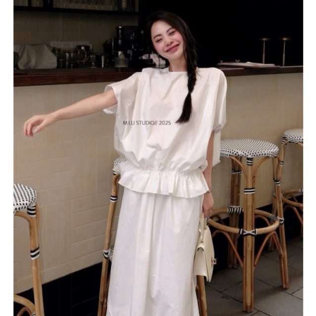 “Egeli Set” Set áo thô cổ tròn tay hến bo chun eo kèm chân váy dài xoè phong cách Hàn Quốc • MIU.STUDIO