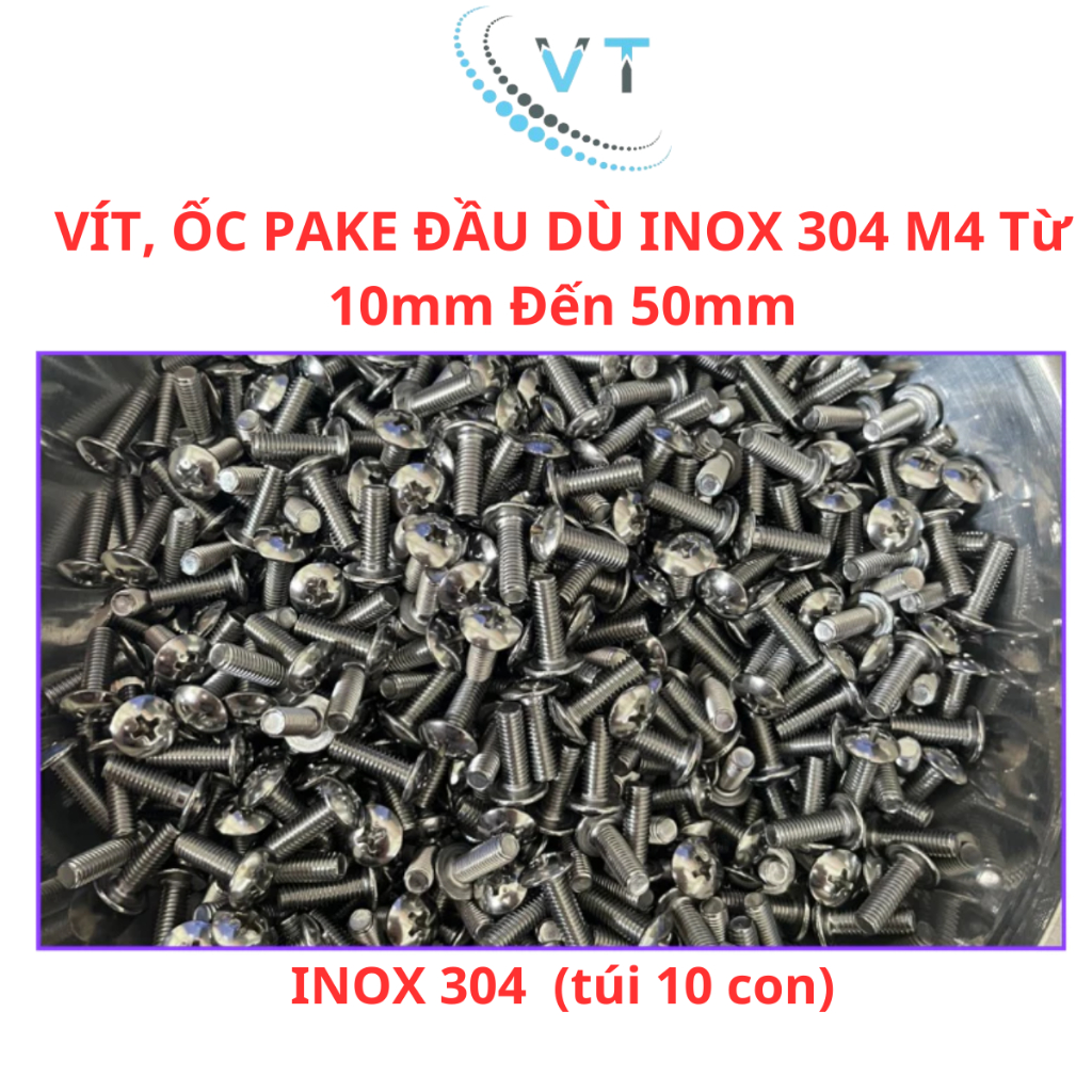 VÍT, ỐC PAKE ĐẦU DÙ INOX 304 M4 – DÀI TỪ 10MM ĐẾN 50MM (10con)