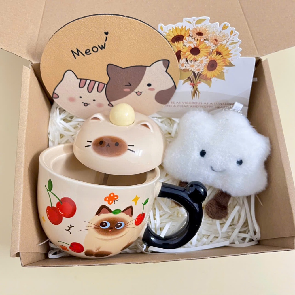 [Mới] Set quà tặng Cốc Mèo Dâu, Cherry, Cà Chua siêu dễ thương Kèm Gấu, Thiệp, Lót Ly Quà Tặng Tốt Nghiệp, Sinh nhật