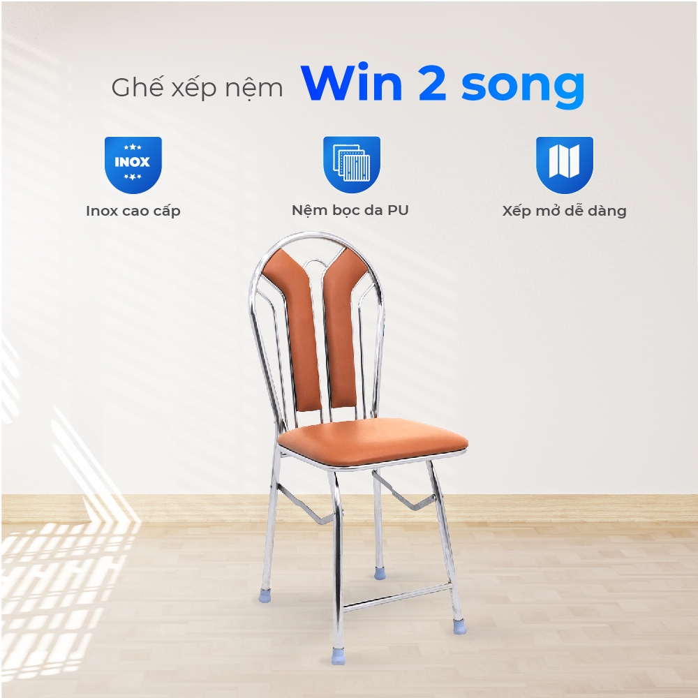 Ghế lưng tựa gấp gọn Win QUI PHÚC, xếp gọn dễ dàng, nệm ngồi thoải mái, dùng cho bàn cao 75cm