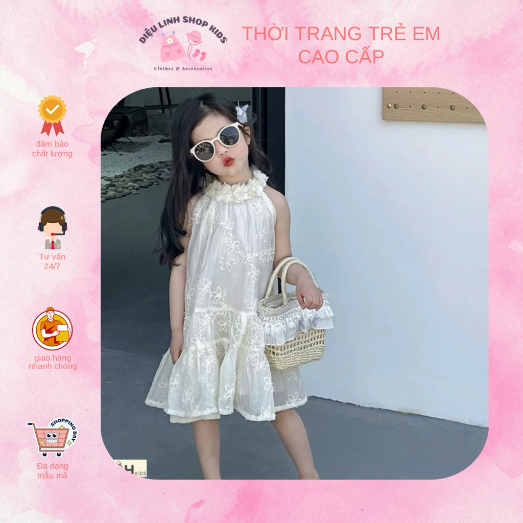 Đầm ren cổ hoa chất mềm mại thoáng mát - váy cho bé Diệu Linh shop kids size 8-38kg DL70