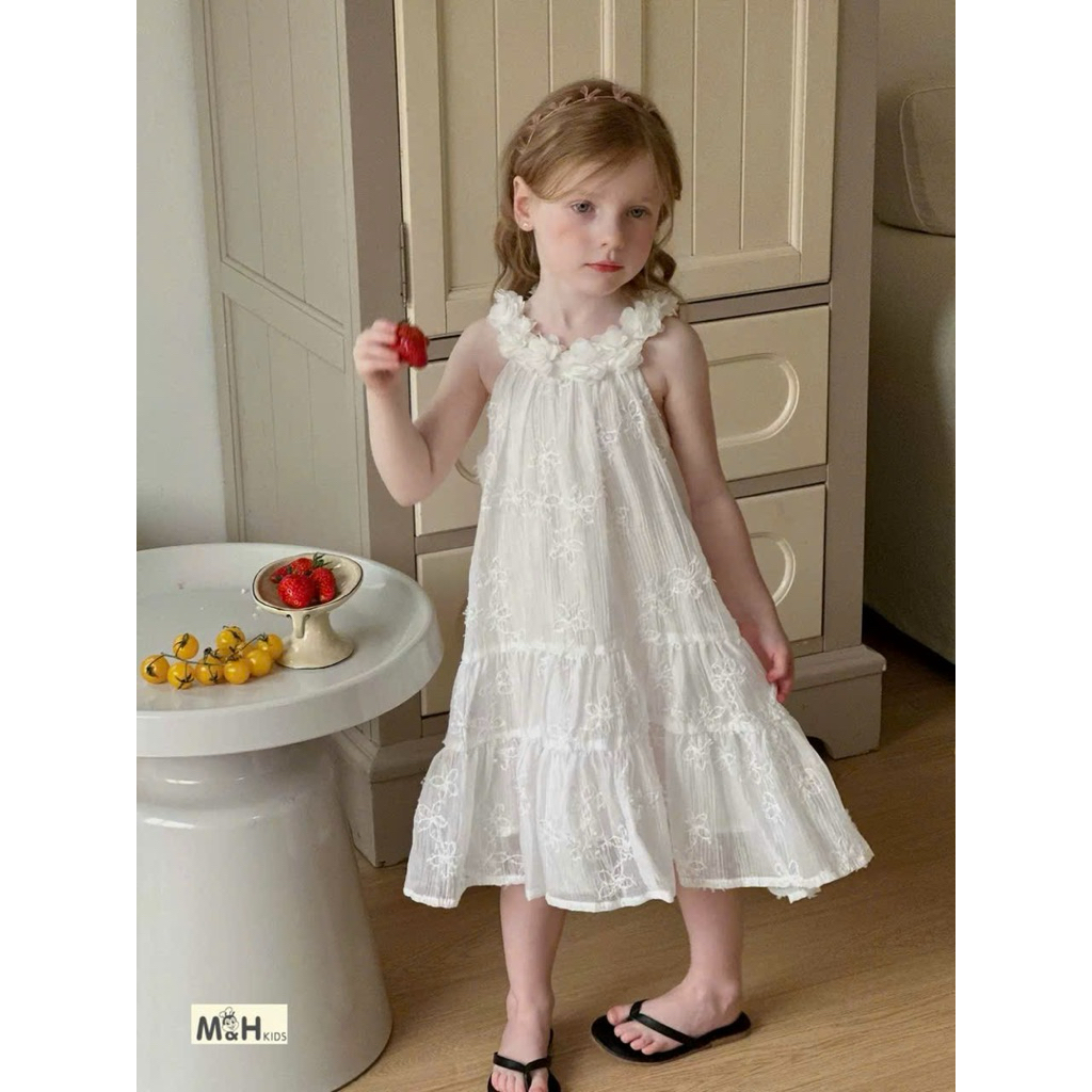 Đầm ren cổ hoa chất mềm mại thoáng mát - váy cho bé Diệu Linh shop kids size 8-38kg DL70