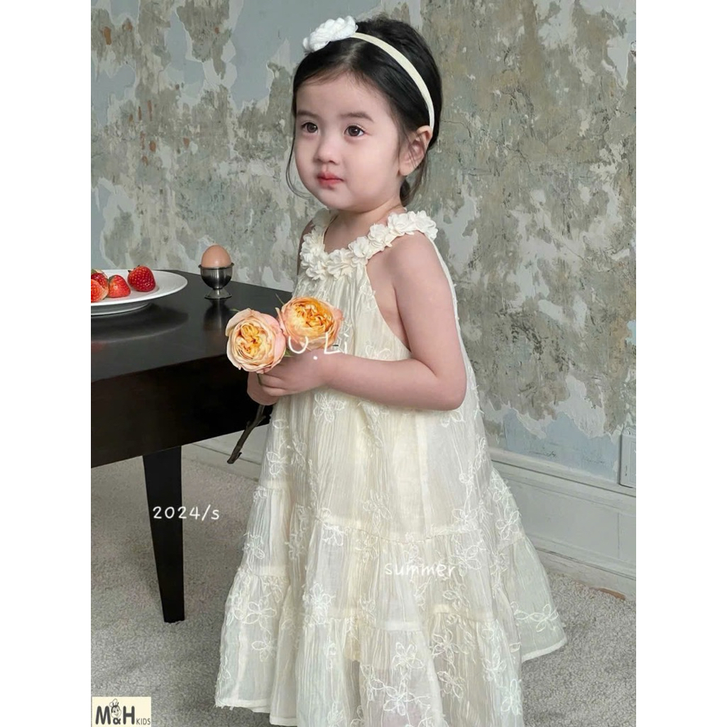Đầm ren cổ hoa chất mềm mại thoáng mát - váy cho bé Diệu Linh shop kids size 8-38kg DL70