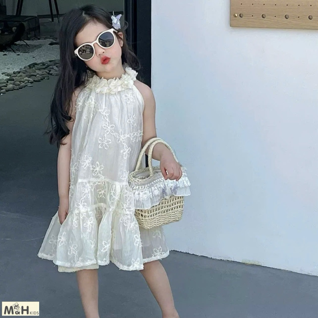 Đầm ren cổ hoa chất mềm mại thoáng mát - váy cho bé Diệu Linh shop kids size 8-38kg DL70