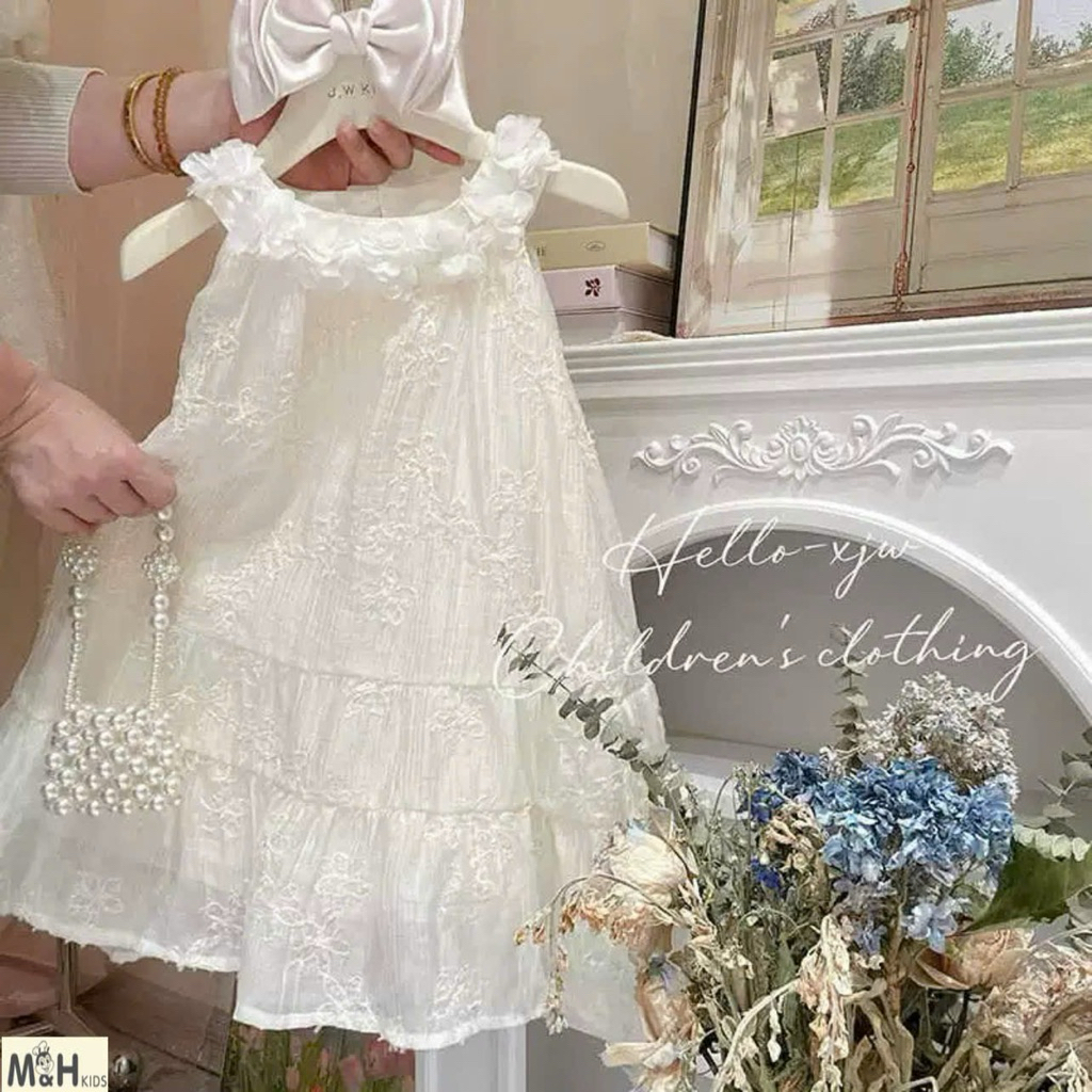 Đầm ren cổ hoa chất mềm mại thoáng mát - váy cho bé Diệu Linh shop kids size 8-38kg DL70