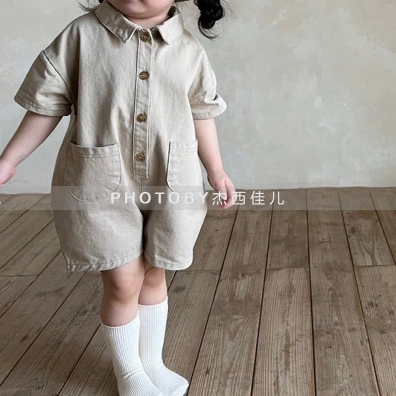 (Sẵn 120) Jumpsuit cổ đức có khuy và túi 2 bên phong cách Hàn Quốc dành cho bé trai - bé gái