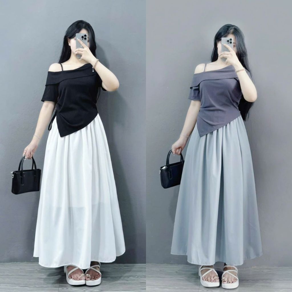 Set Áo Trễ Vai Váy Bigsize Nữ 60-95kg Tôn Eo Che Khuyết Điểm Phù Hợp Đi Chơi Đi Làm - G213+CV15