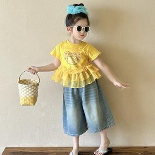 S235-Set áo 2 lớp phối voan Hello  phối quần Jean cho bé gái size từ 8-30Kg